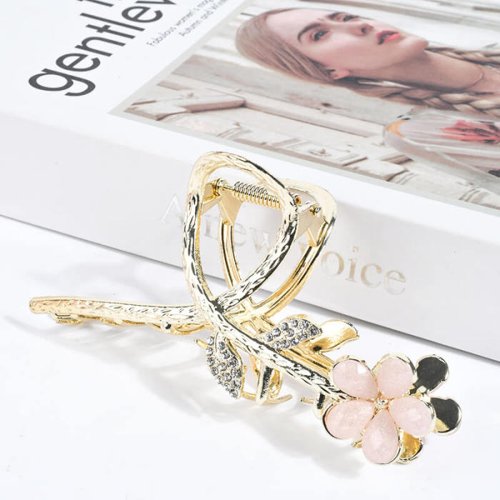 Glass Flower and Cubic Zirconia Hair Clip-Gold