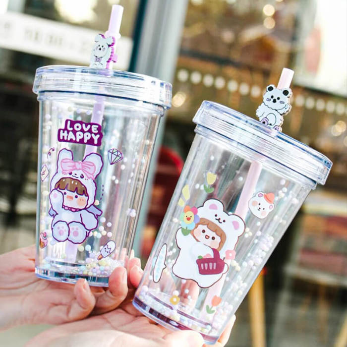 Double-layered Cute Animal Water Bottle with Straw 10oz