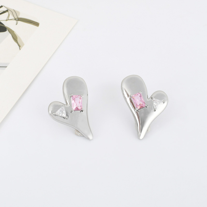 CZ Pink Heart Stud Earrings