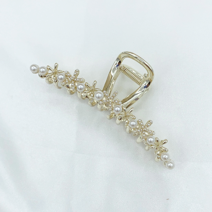 Flower Hair Claw Clip Gold Metal Pearl