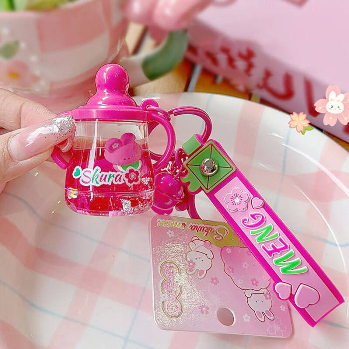 Cherry Blossom Bunny Milk Bottle Keychain